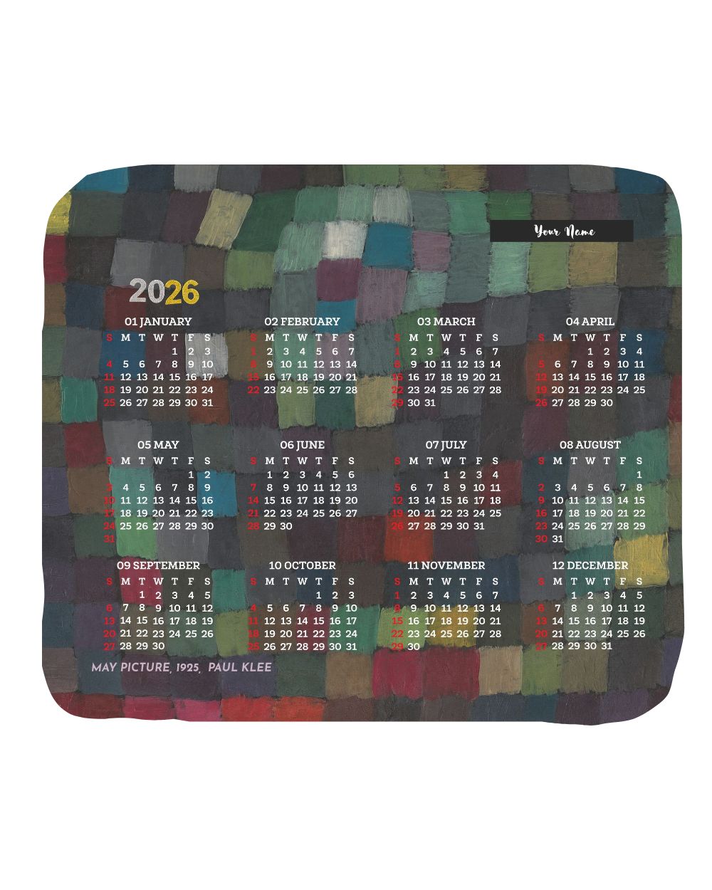 2026 calenda May Picture Mouse Pad with Nonslip Base (SIZE 8"x9")